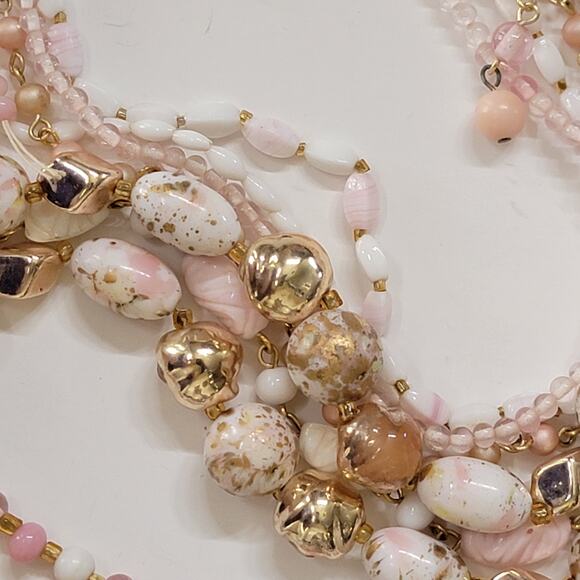 Vintage Pink White & Gold Multi-Strand Beaded Necklace with Layered Design Style - Picture 3 of 10